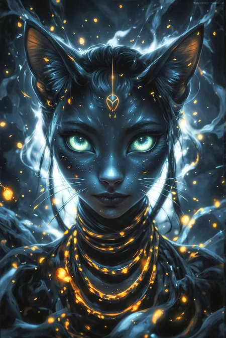  front view, Ancient Egypt, cinematic, realistic illustration scene - hair splitting - tattoos - long flowing hair, Egyptian goddess Bastet score_9_up, score_8_up, score_7_up, (masterpiece, best quality), ), elegant scene  lots of shine and reflections fashion shoot, beautiful pharaoh girl in the middle of the road, perfect cute face and green eyes, tall sexy body. Luxurious hair, long flowing hair, Fantastic realism and clear focus, Mysterious. skin and lace on smooth skin. Golden necklace with jewelry. Digital fantasy indigo and white RADIOACTIVE reading. epic journey Sepia candid photography., pixabay, swirl formation, sand piled up at corners, mycelium, side view closeup of a tormented A quirky, beautiful magical cat with exaggerated facial features, including a beautiful toothy grin and large, bright green eyes. Its fur is playful and unkempt, with prominent whiskers and distinct ear shapes. The background is a soft, muted color that highlights the cat's vibrant expression.