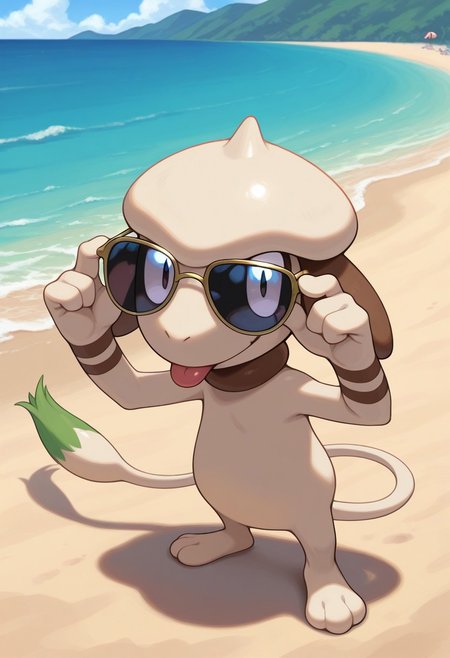 pokemon \(classic anime\), 
best quality, masterpiece, amazing quality, very aesthetic, absurdres, 
1boy, solo, no humans, 
smeargle, pokemon \(creature\), 
sunglasses, adjusting eyewear, 
looking at viewer, smile, tongue, 
outdoors, beach