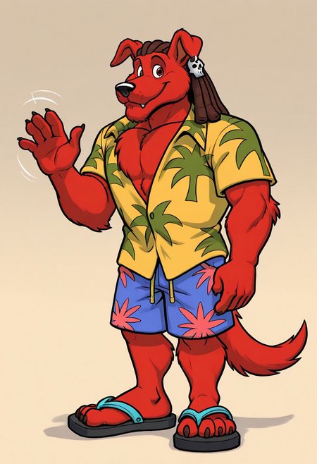 masterpiece, ultra detailed, amazing quality, absurdres, very aesthetic, no humans, solo focus, male focus, furry male, 1boy, 
d_w0lf_mon, red fur, red body, body fur, elbow tuft, brown hair, dreadlocks, brown eyes, long snout, black nose, single earring, skull earring, smile, fangs, looking at viewer, closed mouth, wide-eyed, facial hair, chin tuft, wrinkles, mature male, droopy ears, muscular, chest tuft, pectoral cleavage, yellow shirt, collared shirt, hawaiian shirt, palm tree print, short sleeves, partially unbuttoned, blue shorts, swimming trunks, floral print shorts, hand up, waving, finger claws, arm at side, tail, standing, cocked hip, contrapposto, sandals, toe claws, perfect hands, perfect feet, 5 fingers, 4 toes, from front, 
BREAK 
simple background, gradient background, perfect lighting, shadow,