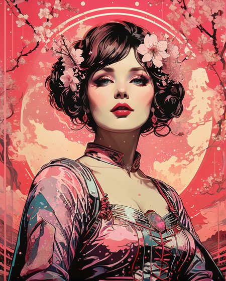 stylized by Harry Clarke, Eugène Grasset and Alphonse Mucha, Anime, Weirdcore, Vintage Planet Mercury of Celebration, background, Cozy, Low shutter, cherry blossom pink neon hue, <lora:Ive_Got_The_Power:1>