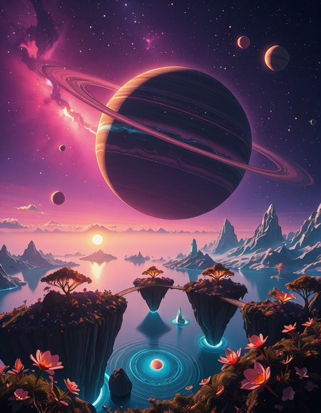 A breathtaking, high-resolution photograph of a celestial paradiseâa stunning, habitable planet floating in the vastness of space. The sky is a mesmerizing blend of deep purples, blues, and pinks, illuminated by twin suns casting golden light over the landscape. Towering crystal mountains shimmer in the distance, reflecting the vibrant hues of the nebula-filled sky. A vast, glowing ocean stretches across the horizon, its surface gently rippling with bioluminescent waves. Floating islands covered in lush, alien vegetation hover above the water, connected by natural bridges of luminescent vines. Exotic, radiant flowers bloom in every color imaginable, while gentle, ethereal creatures with translucent wings glide through the air. In the sky, a massive ringed gas giant looms majestically, its swirling clouds casting soft shadows over the dreamlike terrain. The air shimmers with floating particles of light, creating a surreal, otherworldly ambiance. The entire scene feels like a cosmic utopiaâtranquil, awe-inspiring, and untouched by time.
<lora:SDXLFaeTastic2400:0.4> <lora:extremely_detailed:0.4> extremely detailed,Celestial p4r4d1s3, <lora:Celestial_p4r4d1s3-i:1>, Masterpiece,best quality,hi res,8k,hi res,8k,award winning,(sharp focus, intricate, highly detailed),