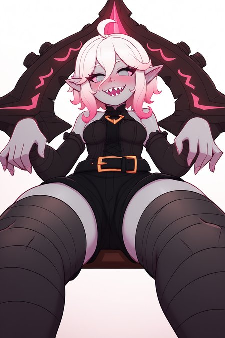 score_9, score_8_up, score_7_up, score_6_up, BREAK, BriarLoLXLv2, grey skin, colored skin, no pupils, grey eyes, pink sclera, white hair, pink hair, two-tone hair, gradient hair, short hair, hair between eyes, ahoge, pointy ears, sharp teeth, medium breasts, bare shoulders, black thight dress, detached sleeves, black bandaged sleeves, black shorts, belt, (black bandaged legwear), toeless legwear, sitting, ((bellow view)), looking at viewer, seductive smile, naughty face, nose blush, white background, simple background  <lora:BriarLoLXLv2:0.8>, BnBigusStylePXL <lora:BnBigusStylePXL:1>