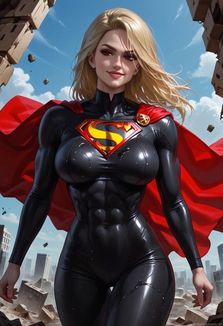 score_9, score_8_up, score_7_up, score_6_up, score_5_up, score_4_up, (masterpiece best quality), ((realistic art)), (high detail), nsfw, 1girl, cinematic lightings, wallpaper, (modern), (((Artgerm art style)))
wet red sexy lips, sexy makeup, mature, perfect eye, ((((supergirl))))
(Sexy body), (curvaceous body), pale wet shining skin, large breasts, abs, muscle, very muscular, ultra muscular body, (huge fake tits, covered), perfectly round tits, muscular thighs, hypermuscle, bodybuilder, thin waist, thick thighs, fit body, clothed girl, shiny body, expressiveh, body oil, (fitness), (long legs), (fit body)
((dark evil supergirl, bright red eyes, light bright blonde hair, long hair)), (((white and black S symbol in chest))), (((sexy tight full black bodysuit, black long sleeves)), ((((black and dark supergirl bodysuit outfit)))), (((sexy superhero bodysuit))), ((thighs visible))
evil horny sexy face, slut, showing her body, noble, lustful, (lewd), mad smile
(((detailed city ​​destroyed in rubble background))),((exterior))
(body and face focus), (flying sexy pose), seducer, alluring, horny, ((evil))
(looking to the viewer), (body view), ((sexy)), (front view), ((villain)), ((looking to the viewer))