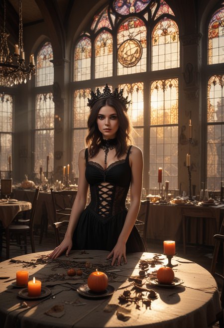 (medium full shot) of (sexy witch) young woman, african, dark skin, light brown eyes, willowy build, dark hair,  wearing Gothic black dress with lace detailing, fishnet stockings, black ankle boots, (dark iron circlet), crystal ball, set in  Banquet Hall, Decaying hall with a long dining table covered in rotting food and goblets, shattered stained glass windows letting in shafts of sunlight, broken chairs scattered around, tattered banners hanging from the walls, and skeletal remains slumped at the head of the table , at sunset, smiling at the viewer, Masterpiece,best quality, photorealistic, amazing quality, very aesthetic, extremely detailed face,