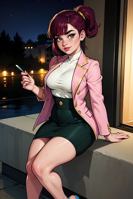 highres, masterpiece, perfect lighting, bloom, night, dark, cinematic lighting, adult, female, looking at viewer, full body, feet out of frame, (RSEEmma:1.5),<lora:RSERomantic_RSESofiko_RSEEmma-v1:0.3>, (small breasts:1.4), wide hips, thick thighs, edgCJ, wearing edgCJ, chic jacket, blunt bangs, black hair:pink hair, messy mid ponytail, green eyes, thick eyebrows, freckles, full lips, smug, smirk, <lora:weight_slider_v2:1.25> <lora:edgChicJackets:0.8>