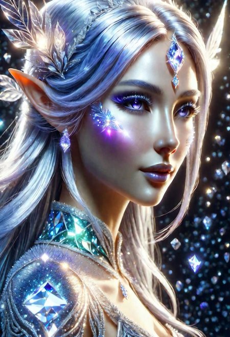 portrait of an epoch elf,  wearing a ((fairy dress, crystalline dress)), she has long glittery silver hair, perfect elven face, symmetrical eyes, fine details best quality, hyperdetailed face, photorealistic, highest quality, best shadow, highly detailed. photography, professional, 4k, 8k HD, professional, purple colors, blue light, blue atmosphere