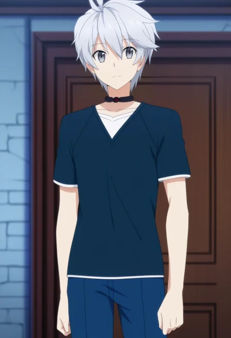 masterpiece, best quality, anime screencap, official style, anime coloring, cowboy shot, 1boy, solo, male focus, <lora:lux_arcadia_ilxl:0.98>, lux_arcadia, grey hair, grey eyes, short hair, hair between eyes, ,