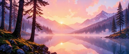 Misty mountain sunrise with ethereal light filtering through ancient pine forest, pastel pinks and deep purples blend with golden rays breaking through wispy clouds. Dew-kissed spider webs glisten like diamonds between moss-covered trunks of towering sentinels. A crystalline alpine lake reflects the dawn's first light, creating a perfect mirror of the awakening sky. Soft watercolor technique with gentle brush strokes captures the transient moment between night and day. Layers of rolling fog embrace the foothills while distant peaks emerge like islands in a sea of mist. Delicate silhouettes of birds soar across the illuminated sky. Impressionistic style with vibrant yet harmonious color palette, intricate details in foreground elements fading to dreamlike ambiguity in the distance. Magical, contemplative atmosphere with a sense of timeless serenity. <lora:Classic_Anime_Colors:0.7> <lora:Anime realistic V2:0.8> <lora:flux_dev:1>