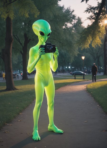 cinematic photo Ombre color scheme of neon green, neon yellow, neon blue, neon pink, neon orange, Photograph of an extremely creepy alien who has an old 35mm camera, the alien is taking tourism photos in the city park! BREAK ,((uhd, 8k photograph taken with Sony A7R III, 1/30sec at f/5.6, ISO 20,000, 12-24mm f/4 at 12mm, slow shutter speed to capture motion blur, fear evoking angles, cinematic horror lighting, frightening shadows, perfect composition, award winning featured photograph, full-length photograph)) ng_deepnegative_v1_75t, epiCRealism, Ellis-RealismBoost
 <lora:sss:0.8>, subsurface scattering, Photorealistic, Hyperrealistic, analog style, realistic, film photography, soft lighting, heavy shadow , 35mm photograph, film, bokeh, professional, 4k, highly detailed