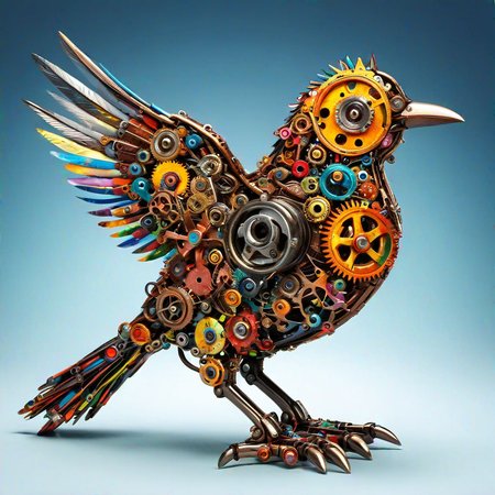 sfw,  dynamic splashes, bright colors, high contrast,  mechanic bird made of roast gears with colourful metal , hyperdetailed, photorealistic,<lora:challenge\gearstyle-000001.safetensors:0.8500000000000002:0.8500000000000002>