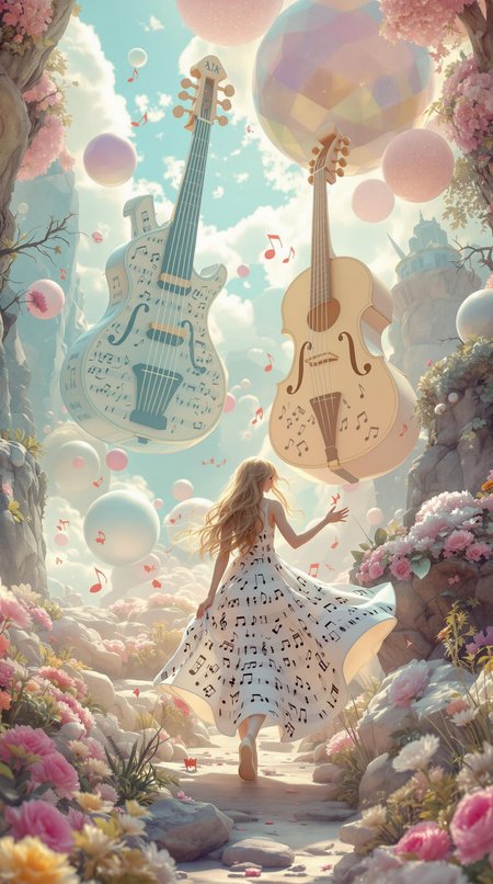 whimsical woman walking through a fantasy landscape, giant floating musical instruments, each playing different tunes, symphony of wonder and chaos, dress made from myriad musical notations and scores, soft pastel color scheme, dreamlike, enchanting ambiance, high detail, 4K, ethereal lighting, surreal elements surrounding her, merging the joy of music with the imaginative power of playful dreamscapes.