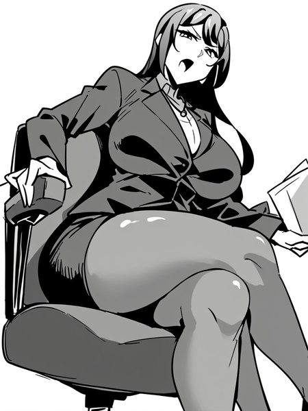 score_9, score_8_up, score_7_up,  
1girl, monochrome, reina tk, black hair, huge breasts, long hair, 


sitting, office chair, white background, solo, frown, open mouth, looking at viewer,
office lady, black jacket, black skirt, pantyhose, crossed legs, 