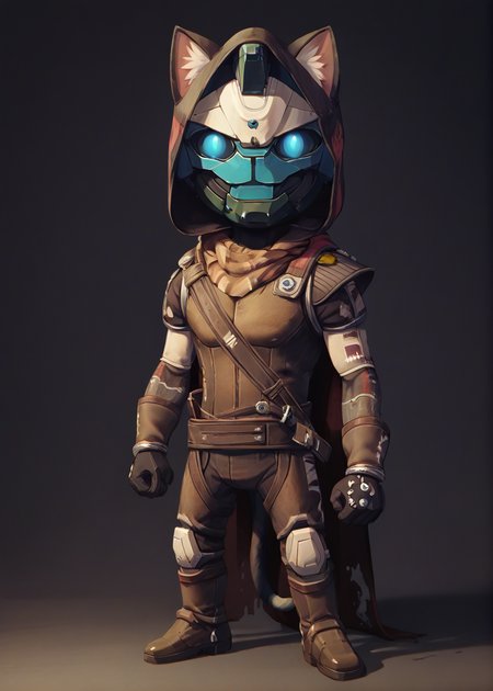 art, dark background, <lora:necoarc-guy-PONY-v1:1> necoarc, looking at viewer, full body, cat tail, smile, chibi, <lora:Cayde-6_PonyXL:0.8> armor, scarf, cape, black gloves, hood, cayde, robot,, BREAK score_9, score_8_up, score_7_up, score_6_up, score_5_up,