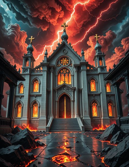 A once-majestic celestial temple, now under siege by the forces of Hell. The grand white stone structure is cracked and scorched, its golden crosses twisted and broken. The stained-glass windows, once glowing with warm divine light, are now shattered, with demonic symbols glowing ominously in their place. The sky, once a serene blue, is now consumed by dark storm clouds, swirling with red lightning and thick smoke.
Black, jagged chains extend from the sky, wrapping around the temple as if trying to pull it down into the abyss. The once-fluffy clouds beneath the structure are now a chaotic mix of fire, ash, and dark mist, with glimpses of molten lava cracks below. Infernal creatures with glowing red eyes lurk in the shadows, their silhouettes barely visible through the smoke and fire.
The temple doors are blown open, revealing an eerie red glow emanating from within, as if Hell itself is consuming the sacred space. Massive demonic runes are etched into the stone, pulsating with an unholy energy. The entire scene is bathed in a deep crimson and orange glow, giving it an apocalyptic and nightmarish atmosphere.
Style & Lighting:
- Dark fantasy, highly detailed
- Dramatic, high-contrast lighting with fiery glows
- Cinematic composition, epic scale
- Strong use of shadows, embers, and atmospheric foghighly detailed and atmospheric view from inside a massive birdcage, large enough for a human to stand inside. The cage is made of ornate, aged metal bars with intricate Victorian-style patterns, curving elegantly towards the domed ceiling. Sunlight filters through the gaps between the bars, casting long, dramatic shadows on the wooden floor. Delicate vines and small flowers have begun to grow around the bars, adding a touch of nature reclaiming the space. The background beyond the cage is blurred, hinting at a lush garden or a mysterious, abandoned mansion. The ambiance is serene yet slightly melancholic, with warm golden light illuminating dust particles floating in the air. Soft feathers are scattered on the floor, adding to the sense of quiet abandonment. The perspective makes the viewer feel as if they are inside the cage, looking outward, surrounded by both beauty and confinement. The style is highly detailed and realistic, with a cinematic and slightly surreal atmosphere.
<lora:SDXLFaeTastic2400:0.4> <lora:extremely_detailed:0.4> extremely detailed 
<lora:evil_celestial_t3mpl3-i:1> evil celestial t3mpl3, Masterpiece,best quality,hi res,8k,hi res,8k,award winning,(sharp focus, intricate, highly detailed),