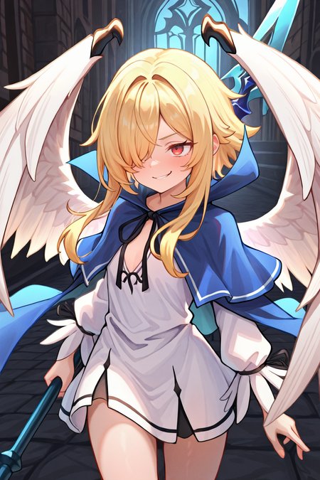 masterpiece, very aesthetic, absurdres, best quality, amazing quality, high resolution, <lora:illustrious_quality_modifiers_masterpieces_v1:0.8> , <lora:ChamIllustriousBackgroundEnhancer:0.5>,  solo,  <lora:No._367IL:0.8> , thrdef, 1girl, blonde hair, long hair, medium hair with long locks, hair over one eye, red eyes, wings, white wings, feathered wings, dress, white dress, short dress, blue cloak, popped collar, neck ribbon, black ribbon, center opening, long sleeves, cowboy shot, exterior, smirk, sk4di, holding spear, spear, blue spear, attacking,