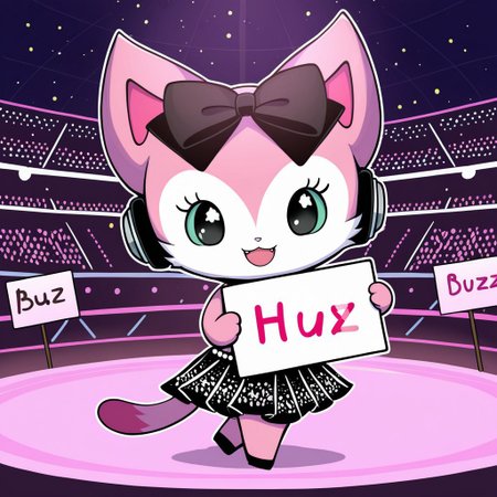 score_9, score_8_up, score_7_up, score_6_up, score_5_up,
best quality, masterpiece, smirks, Full Body, Romantic, Small Body, Furry, looking_pleasured, mia, cat, furry, colored sclera, black hair bow, tail, chibi, feral, music stadium, dancer dress, dancing, holding a sign, ((text on sign "buzz for hug")) a sign said " buzz plz", headphones with mic, mouth open,