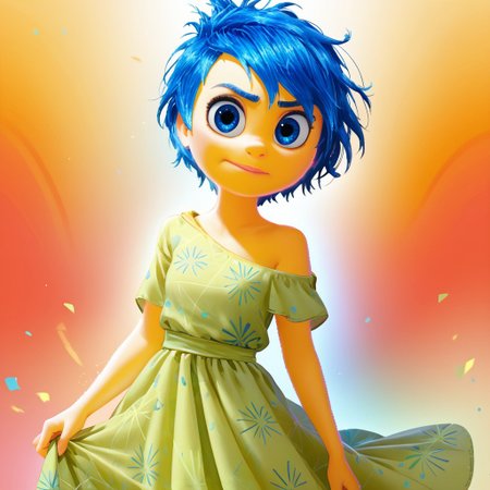 score_9, score_8_up, score_7_up, score_6_up, score_5_up, score_4_up, JoyEmotion, glowing, 1girl, looking at viewer, blue hair, yellow skin, colorful background, blue eyes, loose dress, exposed shoulder