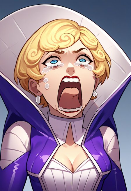 score_9, score_8_up, score_7_up, source_anime, solo, 1girl, madamsmtii, aquascreaming, screaming, open mouth, crying with eyes open, blonde hair, short hair, lipstick, purple dress, bodysuit, cleavage, collar <lora:zs_MadamXL:0.9> <lora:concept_aquascreaming_ponyXL:1>