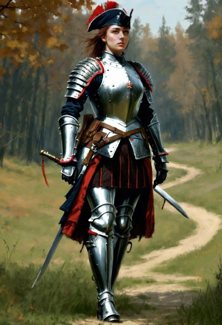 beautiful slim large-breast young female French cuirassier, plate armor, long boots, digital painting in jrst artstyle