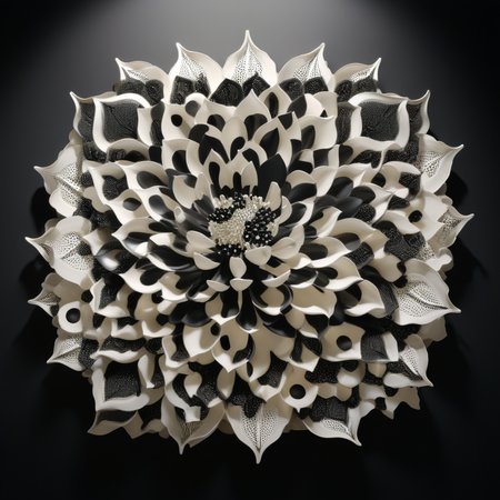 Entitled Binary Bloom, this artwork bathes in a serene palette of binary blacks and whites, The delicate interplay of shadows and illumination mimics the essence of creation itself, Through meticulous algorithmic patterning, the piece invites contemplation on the binary nature of existence and the symbiotic relationship between the organic and the artificial, ultrarealistic, hyperdetailed, cinematic, 8k, octane render, <lora:xl_more_art-full_v1:1>