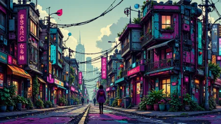 a cyberpunk neighborhood, early morning, woman, very intricate, very detailed, sharp, bright, colorful, <lora:Hand v2:0.5> <lora:Anti-Blur:1><lora:Insane Detail Slider:0.25>  <lora:flux.1_lora_flyway_Epic-detail_v2:0.3> <lora:fluxenhancer:0.25><lora:ck-Neon-Retrowave:0.4> ck-rw, in the style of ck-rw,  <lora:Neurocore Anime Cyberpunk:0.8> A digital artwork in the style of cknc