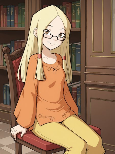 (masterpiece,best quality,newest,absurdres,highres), Gr3taBarrym0re, 1girl, solo, long hair, blonde hair, glasses, orange shirt, long sleeves, yellow capri pants, smile, looking at viewer, library, chair, sitting on chair  <lora:Greta_Barrymore_IllustriousXL:1>
