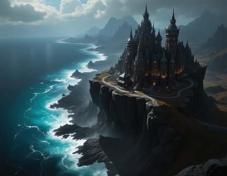 Birds eye view, An atmospheric and powerful dark fantasy image,  of a beautiful castle on the cliffs, with a beautiful ocean below
 