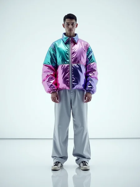 A full-body shot of a male model in a bright white setting, creating high contrast. He wears a jacket that has large panels with a pronounced futurism hyperreal iridescent finish in vivid colors like cyan and magenta. The jacket itself seems slightly glowing from within. The highly polished white floor creates striking, clean reflections of his colorful, hyperreal form. This digital art composition is stark yet vibrant, captured cinematically for a bold, modern fashion statement with a shiny, good vibe.
<lora:ral-iridescent-hyperreal-futurism-flux_000003000:1>