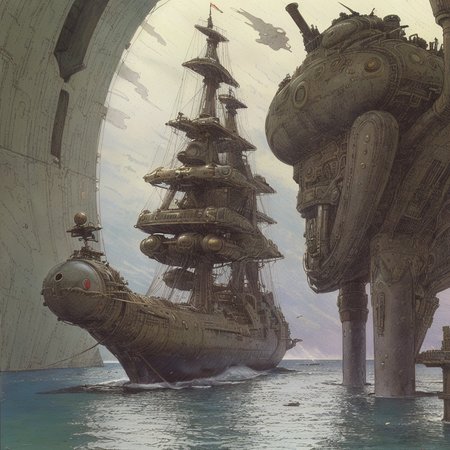 (Masterpiece), artwork, moebius steampunk, a picture of a white egyptian steampunk battleship, passing by on open sea, rain, water-fountains, steamclouds, ship-chimneys, clouded sky, (view from the side), best quality, ultra high res, cinematic lighting, dramatic lighting, glorious, spectacular, dslr, ultra quality, sharp focus, tack sharp, dof, film grain, technicolor, Fujifilm XT3, photorealistic, 8K UHD <lora:Don_Lawrence_Storm_v1:0.9>, dlstormstyle, <lora:Moebius:0.9> <lora:Nouveau_last:0.9>, art nouveau Style