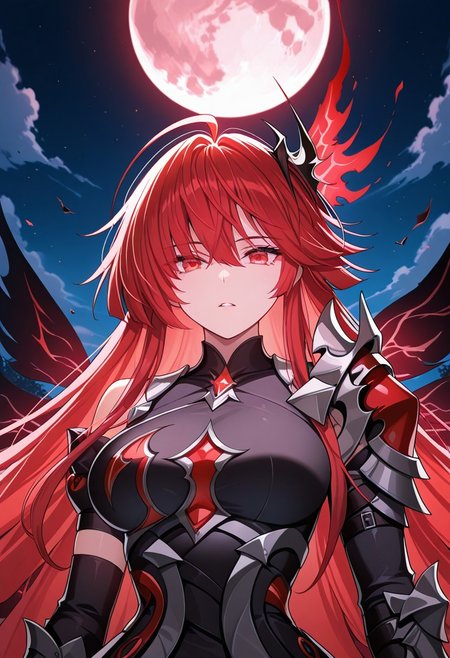 (masterpiece), best quality, amazing quality, very aesthetic, absurdres, newest, 1girl, solo, phantom saber red hair, red eyes, armor, hair ornament, long hair, gauntlets, wings, moon, night, upper body