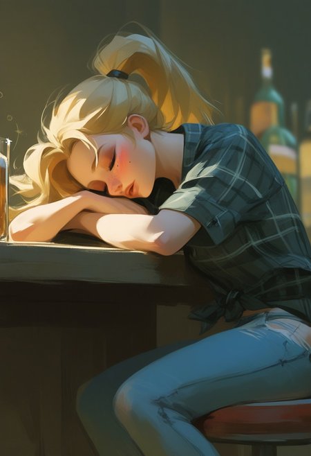score_9, score_8_up, score_7_up, score_6_up, score_5_up, score_4_up, manga, girl, Tied hair, black shirt, dismal, gloomy, face clearly visible, dutch angle, semi-realism, noise effect, sharp details,  VHS, 
BREAK 
girl in knotted shirt, 1girl, denim, shirt, torn pants, jeans, pants, blonde hair, freckles, plaid shirt, mole, torn clothes, mole under eye, ponytail, torn jeans, long hair, bar background, dust, American, sitting on stool chair, cowgirl, beautiful, attractive woman, semi-realistic, depth of field, realistic, sleeping, closed, drunk, blushing, head rest on arms, sleeping on table, fainted, unconscious, strings,