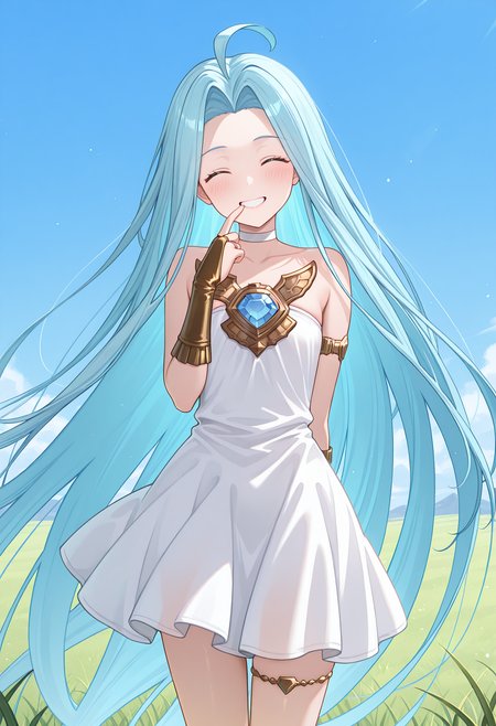 blue sky, grass, standing, closed eyes, finger to mouth, head tilt, teeth, blush, smile, looking at viewer, gbfluria, light blue hair, very long hair, ahoge, lyrdef, white dress, strapless, choker, collarbone, chest jewel, jewelry, bridal gauntlets, thighlet, <lora:_lyria-elesico-ilxlC:1> highres, best quality, masterpiece,
1girl, solo,