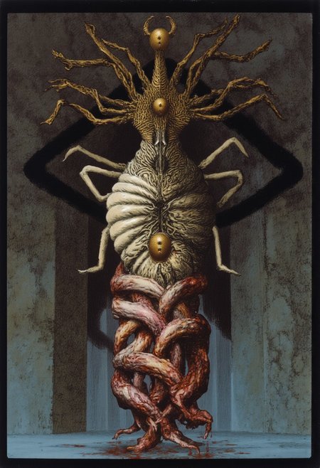 b3rs3rk macro lens d4concept pov, 3D01S, simple background d4artstyle atmospheric and powerful MikeFranchinastyle dark fantasy, natural organic and first person pov of a berserk style creature in the
Tsutomu Nihei style 
Biomechanical eldritch horror, 8k ultra-detailed grotesque fantasy. Towering vertical creature with writhing tentacular mass. Central cylindrical body structure with ornate bone-white chitin plates and spiraling organic patterns. Multiple serpentine appendages ending in spherical golden pods, dripping viscous fluid. Upper portion crowned with elaborate curling tendrils resembling baroque scroll work, black against cream coloring.
Body texture transitions between polished ivory carapace and soft, translucent flesh in amber and crimson hues. Anatomical fusion of cephalopod and insectoid elements. Segmented exoskeleton with exposed organic matter between plates. Multiple jointed limbs with arthropod-like articulation. Vertical orientation suggests deep sea creature adapted to land.
Ethereal lighting emphasizing organic-mechanical fusion. Environment suggests ancient ruins or forgotten temple. Hyper-detailed texturing on both hard and soft tissue. Style merges biological horror with classical architectural elements. 
UHD letterboxed game trailer frame chromatic aberration dark atmosphere sharp masterpiece with a focus on the character, elden ring style, dark atmosphere, chromatic aberration