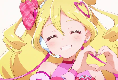 masterpiece, best quality, absurdres, very aesthetic, general,
cure idol, 1girl, blonde hair, solo, smile, closed eyes, long hair, grin, heart hair ornament, heart hands, blush, drill hair, pink bow, hair bow, eyelashes, eyebrows visible through hair, twin drills, two-tone hair, portrait, facing viewer, teeth, ok sign, pink choker, upper body, shiny hair, eyepatch, ^ ^, multicolored hair, headset, heart earrings, wrist cuffs, bare shoulders, pink sleeves, happy, face, streaked hair, open mouth, detached sleeves, gradient hair, floating hair, gradient background, simple background, yellow background, arm warmers, pink hair, looking at viewer, red bow, pink nails, fingernails, white background, ponytail, :d, big hair, dress, long sleeves, clenched teeth, collarbone, parted lips, hair between eyes, plaid bow, heart hair, anime coloring, heart brooch, hair beads,
<lora:cure_idol_sakura_uta_illustXL_locon_v1:0.8>