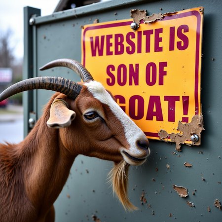 a maintenance sign in a work zone, (text reads, ("WEBSITE IS SON OF GOAT!")), a real goat is eating the bottom edge of the sign and has damaged it, 
highest quality