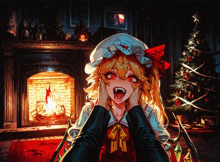 1girl,flandre_scarlet, blonde_hair ,blood ,blood_in_mouth ,crystal_wings, dress, fangs, hair_between_eyes ,hat , open_mouth, red_dress, red_eyes, red_moon, ribbon, sidelocks, vampire ,white_hat ,yellow_ribbon,pov,
chrlib, scenery, indoors, living room, night, oven, christmas tree, christmas ornaments, red carpet,
, Fishine,ireading ,noya_makoto ,quasarcake, retro_artstyle, retro,looking_at_viewer ,
masterpiece, best quality, amazing quality, very aesthetic, absurdres,  newest, <lora:ponyv5_noobE11_1_adamW:0.6>, <lora:add-detail-xl:0.5>, <lora:cfg_scale_boost:0.5>, <lora:retro_scifi_artstyle:0.6>, <lora:USNR STYLE_XL_loha:0.6>, <lora:Christmas living room:0.6>