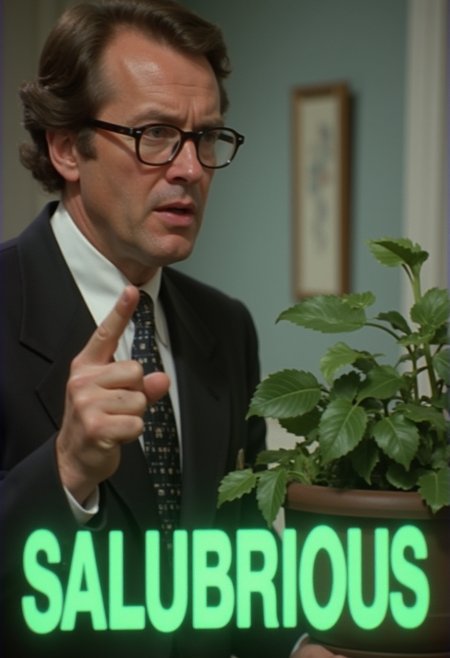 "A glitchy VHS still of a man in horn-rimmed glasses lecturing a wilting potted plant, mid-sentence with a finger raised, 'SALUBRIOUS' flickering in green CRT text at the bottom, the scene’s deadpan sincerity clashing with the plant’s silent despair, fuzzy and off-kilter."