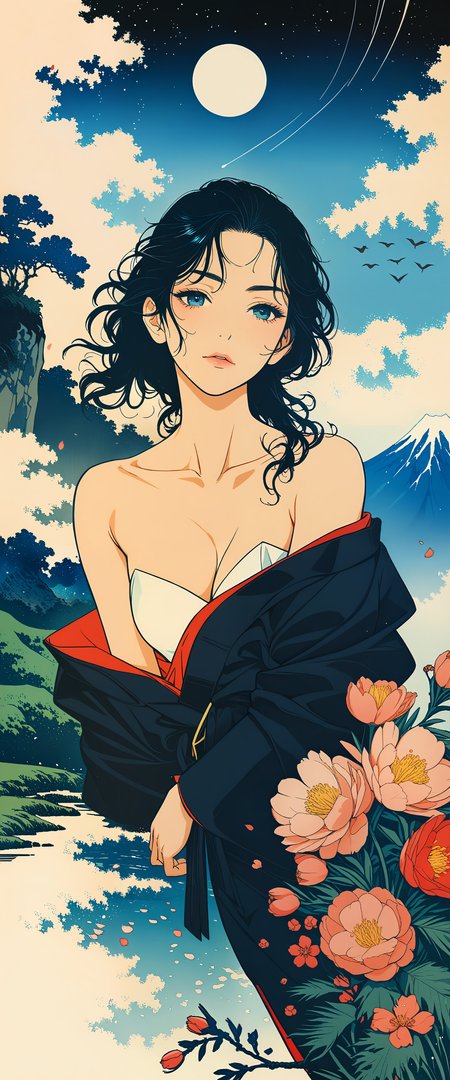 masterpiece, best quality, very aesthetic, absurdres, Professional Fashion concept, Ukiyo-e art styles, woodcuts style, by Kitagawa Utamaro and Keiichi Hara and Victo Ngai,  KHsty-XL, <lora:KHsty-XL-v3-AN:0.5>, 
break
1girl, supermodel, aged up, mature, detailed beautiful face, lips, anger vein, Japanese beauties, chic and modern one-piece style with a plunging neckline and cut-out details,, strapless, off shoulder, bare shoulders, collarbone, looking away, dancing pose, from side, perfect composition, perspective, 
break
dark scenery, storm, wind, rain, mist, ocean, huge waves, waterfall, cloud, flowers, plum blossoms, peony, floral, birds, cherry petals flying in the air, leaf, plant, tree, lush green rice paddies, moon, moonlight, cliff, wind effects, mount fuji, galaxy, starry sky, nebula, shooting star, milky way, The Beauty of Nature, The Aesthetics of Nature, Zen-tangle,
break
cinematic, highly detailed, extremely detailed, intricate details, fine texture, crisp detail, crisp edges, muted minimal, line art, iridescent, high contrast, shadows, chromatic aberration, HDR high dynamic range style, <lora:HDR high dynamic range style:0.5>,
break
<lora:Midjourney Image Enhancer XL v1:0.5>, <lora:MJ52:0.5>, <lora:VOGUE_Fashion_Magazine_Cover_Vintage_1960-1975_SDXL:0.5>, <lora:sinfully_stylish_SDKL:0.1>, <lora:Desolation:0.1>, <lora:add-detail-xl:1.5>,