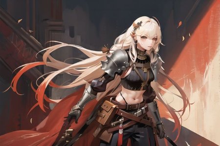 1woman, solo, armor, pauldrons, <lora:BarbarianT-18:0.8>, BarbarianT, muscular female, bare body builder abs, ((masterpiece: 1.4, perfect face, best quality: 1.2)), ultra highly detailed, detailed eyes, delicate hair details, armor faulds, fantasy crop top, arm armor, armor greaves, furry tippet, large breasts, sexy eyes, devilish grin, mixed blonde hair, extremely messy large shag hair cape, many braids and beads in hair, intricate details, hazel eyes, eyeliner, eyelashes, crossed_bangs, warpaint, one bare muscular armor with viking design tattoo, wide striped puffy sleeves, multicolor sleeves, tribal design asymmetrical lion cloths, leather boots, wide striped baggy pants trousers, tassel belt accessories, barbarian woman, brown leather hip belt with pouch on right side of hip, sword sheath on left side of hip belt, leather gloves with fur trim, saturated brown tones, nordic, fantasy aesthetic,(flat saturated colors), fine details, intense,(lineart:1.33), charactersheet, reference sheet, multiple views, white background