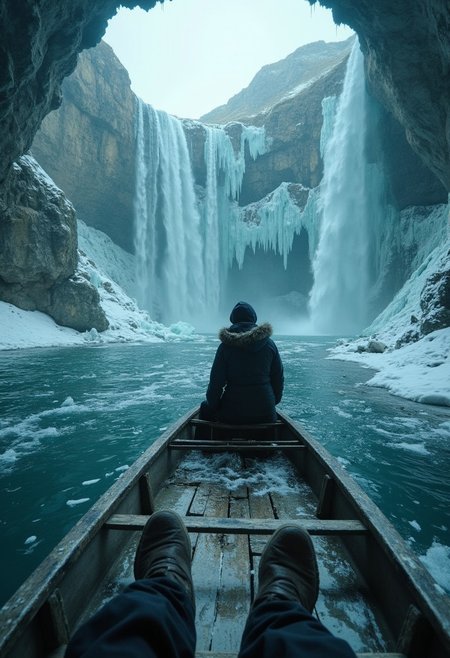 First-person view from a shivering pilgrim’s position in a ceremonial iceboat, bare feet slipping on frost-slick wood. The camera spins as you pass a frozen waterfall, while the reflection of a sacred cave’s entrance shimmers in a frost-encrusted amulet. A sudden roar reveals the waterfall collapsing, mirrored in the amulet’s facets. Twist: The icefall crushes the boat’s stern, forcing you to crawl across tilting debris, while the shattering ice blooms like spiderwebs.