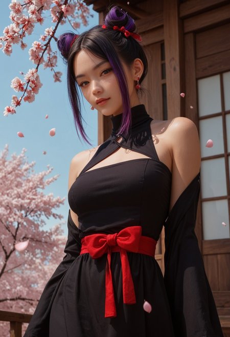 score_9_up, score_8_up, score_7_up, score_6_up, 1girl, 25 years old, perfect face, (adult), sexy,
blue eyes, 
multicolored hair, two-tone hair, black purple hair, cone hair bun, earings, 
asian dress, brown dress, black dress, off shoulder, turtleneck, red bow, 
cowboy shot, dynamic pose, dynamic angle, 
day, blue sky, cherry blossoms, falling petals, outdoors, spring (season), wind, looking at viewer