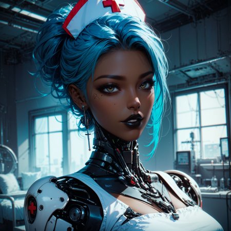 (score_9, score_8_up, score_7_up, zPDXL),
BREAK
A nurse full body  dark-skinned female blue hair   holding a syringe and a notepad. She walks towards the viewer in the hospital room. She has black lipstick, red skinhighly detailed, female focus, robot, cyborg , android, mechanical arms, cybernetic neck, bionic torso, bionic skin
BREAK
thick lineart, sharp edges, cel shading, linear hatching, black and white comic-noir aesthetics, film noir atmosphere, high contrast, duotone,