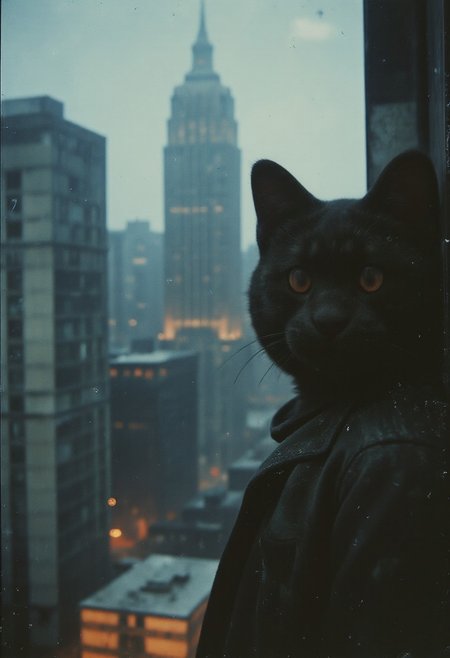 Extreme head closeup, cloudy, bright, high contrast, overlooking a snow-covered cityscape of towering skyscrapers and decaying buildings in a vast cyberpunk metropolis by night. The scene is shadowy and cool, with the specialist standing on the edge: a antromorphic fluffy cat, cloaked in a black military functional suit and a semi-transparent camo cloak. His cloak shimmers, reflecting faint, disappearing cyberpunk tiles like a glowing membrane. Emphasize the dark, dystopian atmosphere as his features are barely visible in the ambient neon glow. The chaotic sprawl of the towering structures contrasts with the sharp, meticulous details of the specialist, as he silently observes the city below. The cloak billows slightly in the wind, catching the dim light from the decaying metropolis. A chilling, post-apocalyptic mood fills the scene, filled with tension and mystery.