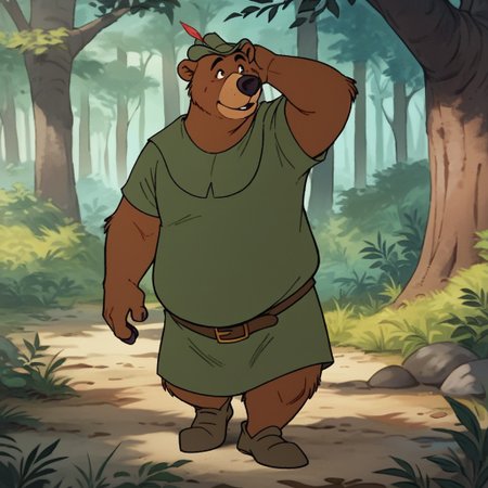 score_9, score_8_up, score_7_up, score_6_up, score_5_up, score_4_up, source_furry, LittleJohnRH, semi-anthro, male, bear, brown fur, green hat, green shirt, brown shoes, brown belt,  standing, in forest,, <lora:f1ac7a6d-afd6-4432-8e8e-65baabea6fa2:0.7>