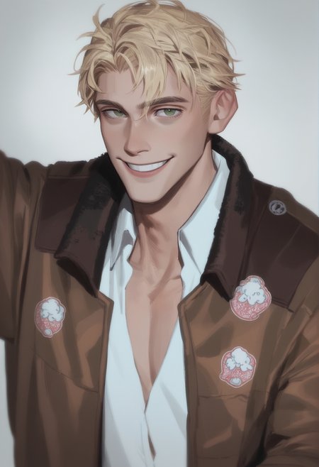 <lora:yaoyaoakaX:0.8>,yaoyaoaka,1boy,male focus,blonde hair,solo,green eyes,jacket,looking at viewer,brown jacket,shirt,smile,long sleeves,short hair,collared shirt,open clothes,white shirt,bomber jacket,, score_9,score_8_up,score_7_up,score_6_up,score_5_up,score_4_up