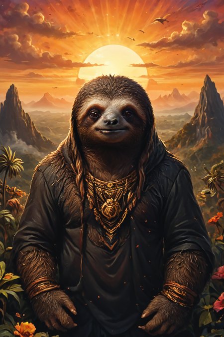 Detailed digital portrait of an anthro Sloth (Silhouetted against the sunset, dramatic backdrop) at a Collective consciousness transcending individual existence, <lora:xl_more_art-full_v1:0.5>,  <lora:The_Crazy_Style:0.7> <lora:anthro_muscular:0.7>