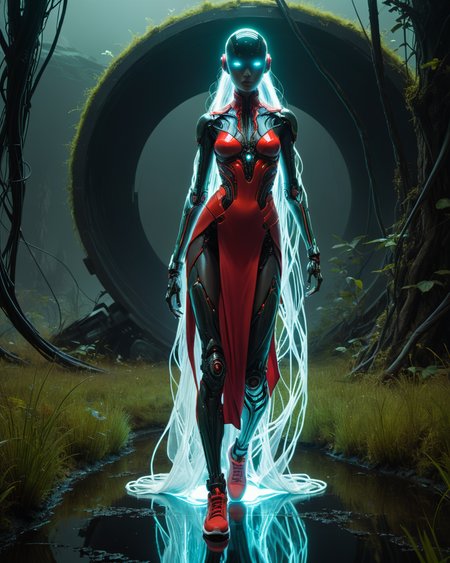 alien high tech bioengineered female humanoid giant, bioluminescence, transparency, ziprealism, Cyberpunk, iridescent, outdoors, water, reflections, grass, futuristic, technology, sci-fi, tech, wires, cables, wearing white oversize sneakers, gadgets, Digital art, detailed, artstation, by James Turrell,  in the style of Rodney Matthews, dramatically lit,  midnight, <lora:add-detail-xl:1> <lora:xl_more_art-full_v1:0.7>  in the style of Frank Frazetta, vivid colors, (scarlet neon:1.5), intense focus, ultra hd, realistic photo, (flowing dress:1.6)