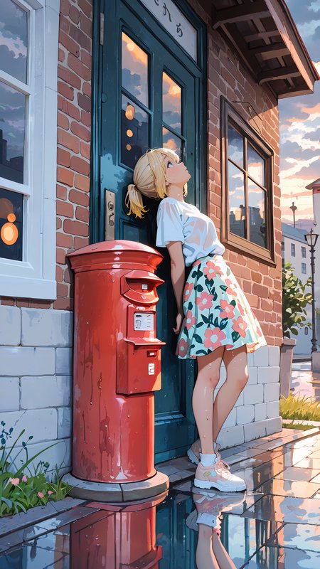 best quality, amazing quality, masterpiece, newest, shiny highlights, no lineart, (watercolor \(medium\):1.4),
1girl, floral skirt, blonde, short ponytail, looking up, leaning against wall, (leaning back:1.4) city, sidewalk, grass,  wet pavement, reflective floor, postbox \(outgoing mail\), door, brick wall, cloudy sky, warm light,