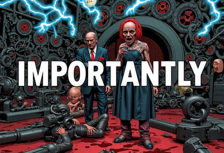 the words 'IMPORTANTLY' written in large font fills the front of frame. In the back of frame weird man with in a dark room with checkerboard blue lotus PEOPLE ARE trapped inside machinery, people crushed inside mechanical gears, high gore arms crushed and bent, signs of wailing, people in business suits trapped in machinery. floors with blood on the ground with a white interior cyber tech electricity electical circuits illuminati symbols with brains and vaginas with high technology alchemical background lightning bolts