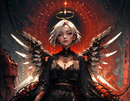 score_9, score_8_up, score_7_up, score_6_up, score_5_up, score_4_up,  Japanese woman, angel, standing, mechanical wings, back view, large wings, golden halo, glowing heart, white hair, short hair, standing, posing, cleavage, smiling, wearing black kimono, floral patterns, golden trim, (tattoos:1.1), bright particles, bright red particles, black collar, red theme, white theme, seductive, mechanical parts, cable, wires, machinery, joints, body suit, rising sun, golden cross necklace on chest